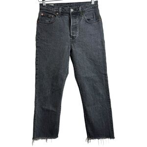 Levis 501 High Rise Straight Leg Faded Black Denim Raw Cut Off Hem Jeans 25